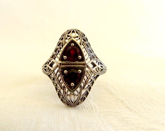 Art Deco Garnet Red Ring, Sterling Silver Filigree, Size 7, Art Deco Jewelry, 1920s Style Ring