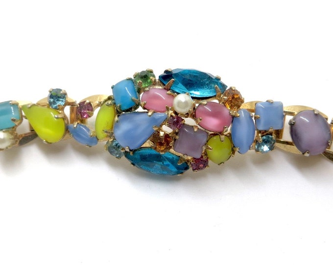 Givre Glass Bracelet, Multicolor Stones, Vintage Jewelry, Statement Bracelet