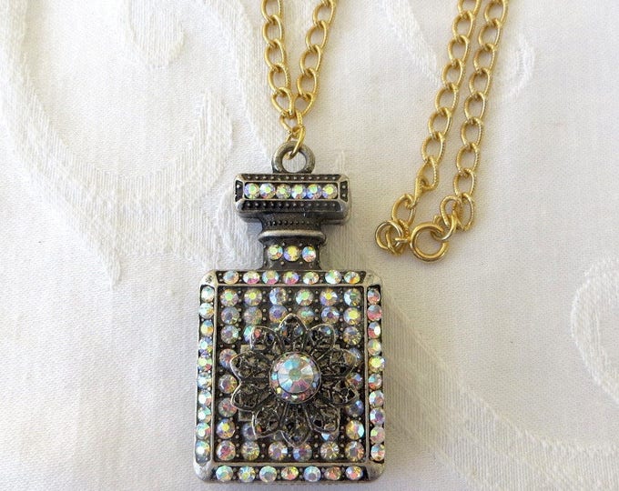 Perfume Bottle Necklace, Aurora Borealis Rhinestone and Filigree Metal, Vintage Perfume Necklace 24" chain