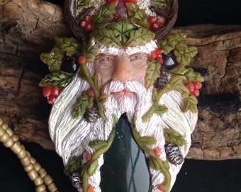 Yule Pendant - Pagan Necklace - Winter Solstice Pendant with Bloodstone, Raw Ruby, and Garnet - Hand Sculpted Clay - Spiritual Jewelry