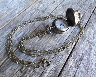 Metal Ball Pocket Watch Necklace with Hearts on 31 inch (78 cm) Antique Bronze Chain, 1" (2.5cm) Round, Working Watch, Girlfriend Gift