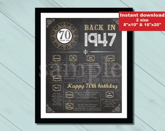 70th Birthday Chalkboard poster 8x10 & 16x20 Party Sign, 70 Years Ago in 1947 Facts Sign, Instant Download (NON personalized)