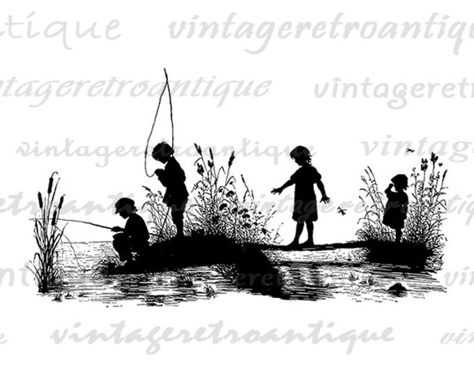 Children Fishing Silhouette Graphic Digital Printable Boy Girl Fish Cute Download Image Artwork Antique Clip Art Jpg Png HQ 300dpi No.3271
