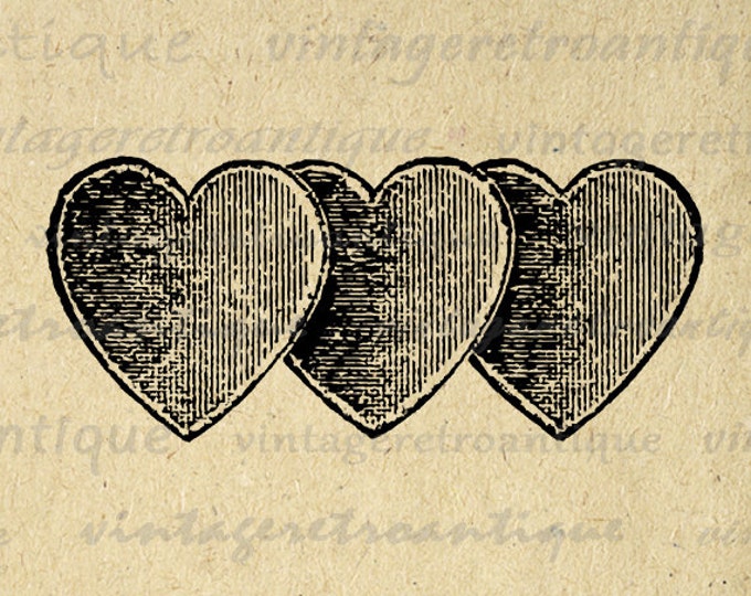 Printable Digital Three Hearts Download Love Image Romance Graphic Antique Clip Art Jpg Png Eps HQ 300dpi No.1408