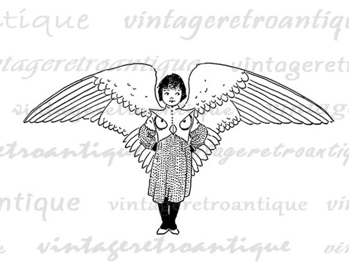 Digital Image Owl Girl Printable Graphic Antique Illustration Download Vintage Clip Art Jpg Png Eps HQ 300dpi No.2403