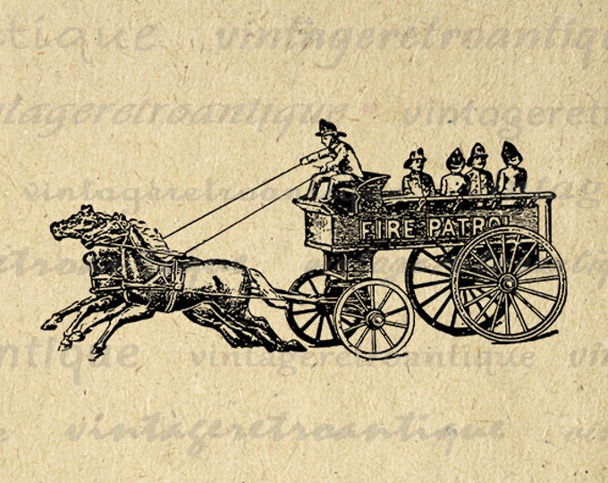 Digital Graphic Antique Fire Engine Download Horse Carriage Firemen Image Printable Artwork HQ 300dpi No.1790