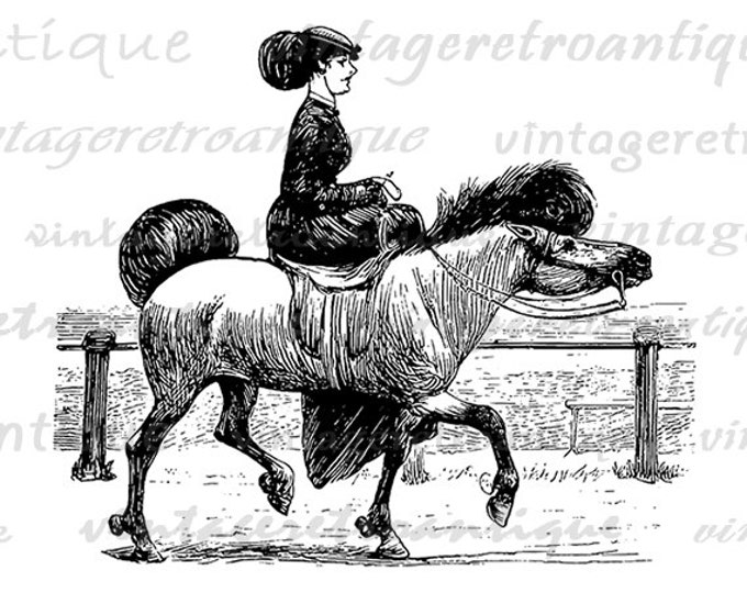 Digital Old Fashioned Woman Riding Horse Image Graphic Printable Download Vintage Clip Art Jpg Png Eps HQ 300dpi No.2928