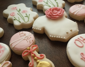 Garden baby shower sugar cookies, girl birthday cookies, baby shower cookies, flower cookies, pink white and gold cookies