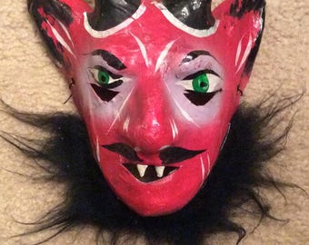 Paper Mache' Devil Mask, Handmade by Artist from UGA, Hand Painted, Red Devil complete with pointed ears and Horns