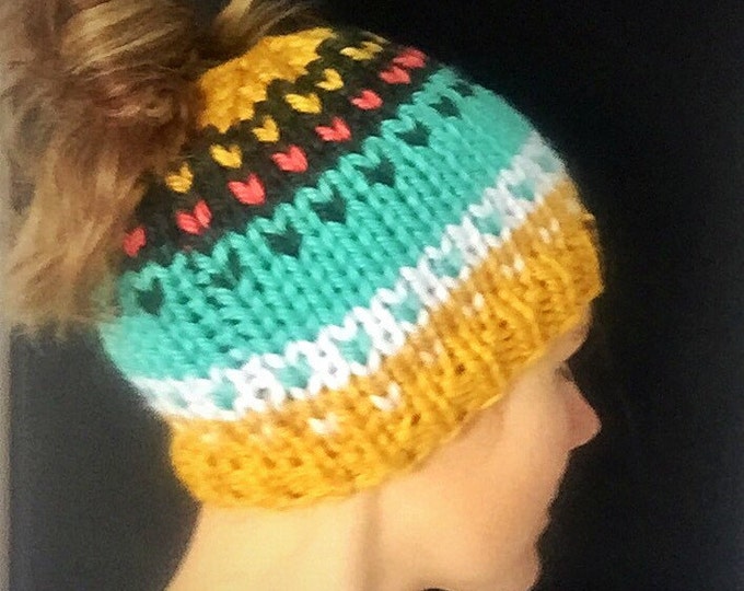 FLASH SALE! Bright Fair Isle Messy Bun Beanie, Chunky Hand Knit Bun Beanie in Mustard, Aqua, Evergreen, Coral, White, Pony Tail Hat