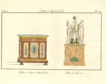 Original Antique Hand Colored Engraving,Furniture from Collection de Meubles et Objets de Goût by Pierre de La Mésangère (1761-1831)