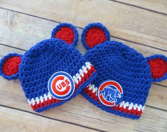 Cubs Crochet Hat, Baseball, Newborn to Toddler, photo prop, MLB, shower gift, girl boy, choose CUBS or BEAR Patch, Chicago