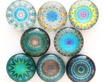 Mandala Magnets, Talavera Magnets, Refrigerator Magnets, Fridge Magnets, Decorative Mandala Magnets, Blues Greens Mandala Magnets, Set of 8