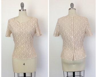 50s Light Pinky Peach Lace Blouse / 1950s Vintage Sheer Top / Large / Size 10