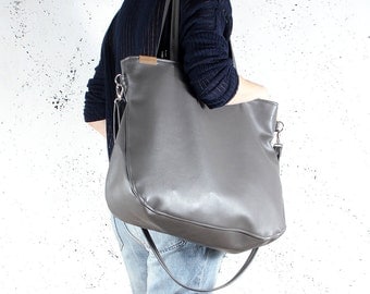 Big Pacco bag grey shoulder ash crossbody tote zipped up pockets oversized city bag everyday handbag vegan faux leather