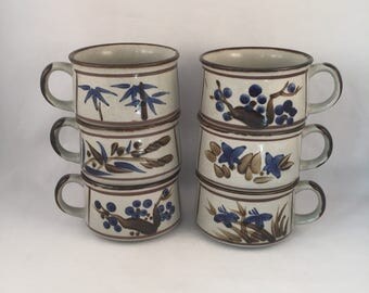 Set of 6 Vintage 1970's Onion Soup Bowls, Each One with Different Painted Print, Large Soup Mugs, Speckled Grey Soup Mugs