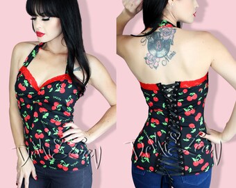 Corset Cherry Halter Rockabilly Vintage 50s Pinup Top Plus size too! Choose Size!