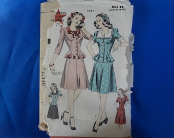 1940s Hollywood Two Piece Dress Pattern size 14 Bust 32 Hip 35