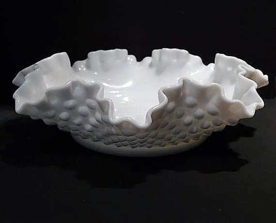 Milk Glass Wedding Decor Mid Century 1960s Vintage Fenton Hobnail Ruffled Bowl White Milk Glass Wedding Table Decoration Nut Mint Condiment