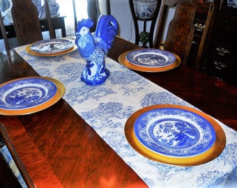 Blue Toile Table/Bed Runner, French Toile Table Cloth/Scarf, French Table/Bed Linen, 16''x90'' Buffet Runner, Dresser Runner, Toile Scarf.