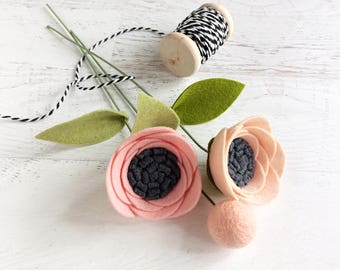 Mini Felt Flower Bouquet - Rolled Flowers and Pom on a Wrapped Wire Stems -