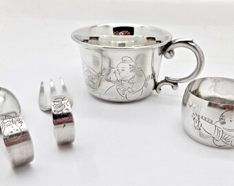 fabulous vintage JAPANESE cased 4 pc. STERLING 950 SILVER childs flatware/cup set