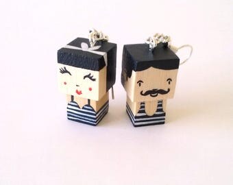 Earrings Wooden Dolls "Couple" - Hand-made