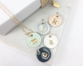 Single Initial Delicate Charm Necklace and chain - in 22k Gold Luster Overglaze on Ceramic Stoneware Includes Chain