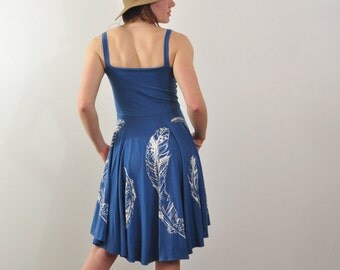 Feather Print Dress, Boho Dress, Bamboo Dress, Blue Dress, Niagara Blue, High Low Skirt, Dress With Pockets, Ethical Fashion