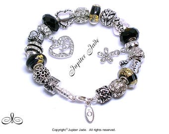 New Authentic Pandora 925 ALE Silver Charm Bracelet with European Charms - Hearts Love Mom - Black Gold - B151R