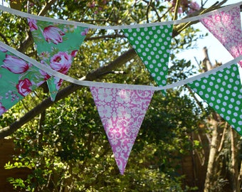 Handmade Fabric Bunting Turquoise/Green/Pink/White Floral Design, Green/White Dots 12 Double-Sided Flags for Home, Parties and more!