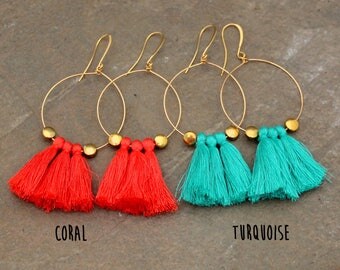Tassel Hoop Earrings - Coral Tassel Earrings - Tassle Earrings - Fringe Earrings, White Tassel Earrings - Gold Hoop Earrings, Tassel Jewelry