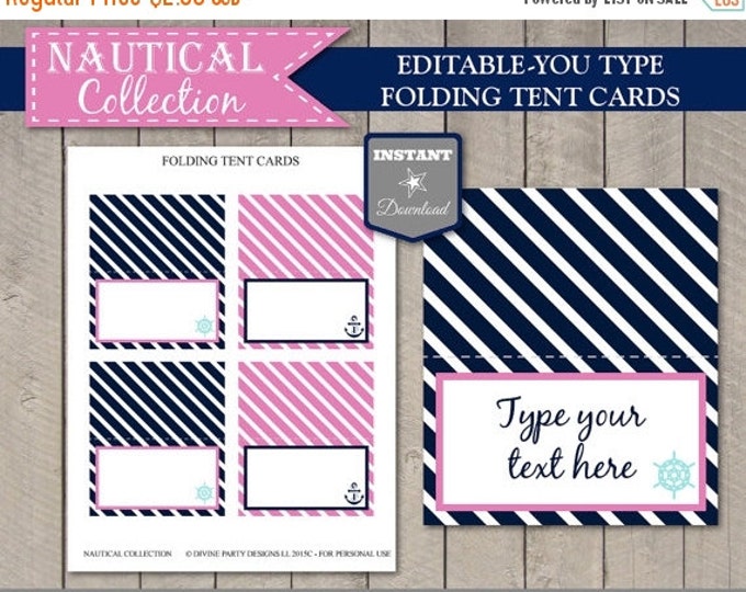 SALE INSTANT DOWNLOAD Nautical Girl Folding Tent Cards/ Place Cards / Editable You Type / Printable / Nautical Girl Collection / Item #623