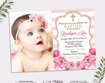 Pink and Gold Baptism Invitation - Peony Christening Invite - Floral First Communion- Confirmation Gold Glitter Roses Stripes - Digital File