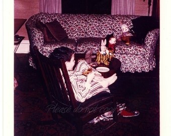 Vintage 1950's "retro" Kodachrome Color Snapshot Photo ~ Pajama Boy Pizza Party