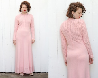 SALE Vintage 70s Dress | 70s Long Pink Cotton Knit Dress Long Sleeve | Medium M Large L
