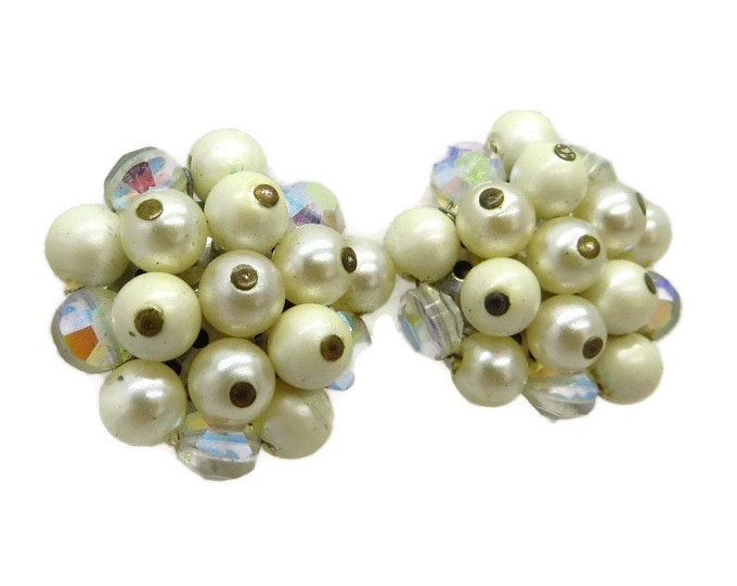 Laguna Faux Pearl and Rhinestone Earrings, Vintage White Cluster Bead Clip-on Earrings