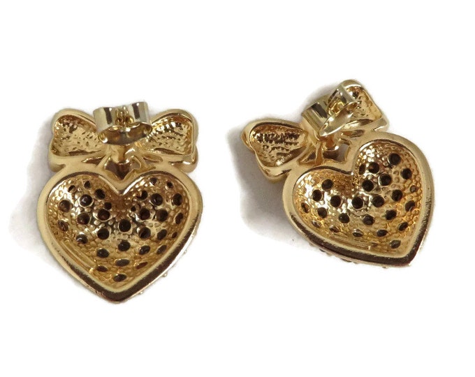 Rhinestone Heart Earrings - Vintage Blue and White Rhinestone Gold Tone Bow and Heart Pierced Studs, Gift idea