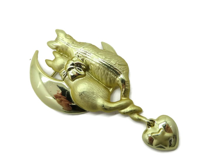 Vintage AJC Cattails Brooch, Lovebird Cats, Moon Gold Tone Pin