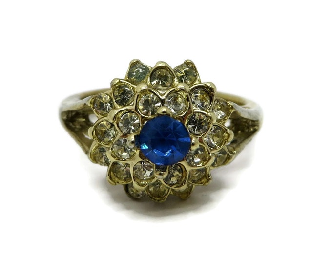 Sapphire Glass Cocktail Ring, Vintage Blue and White 14kt Gold Plated Ring, Size 7.25