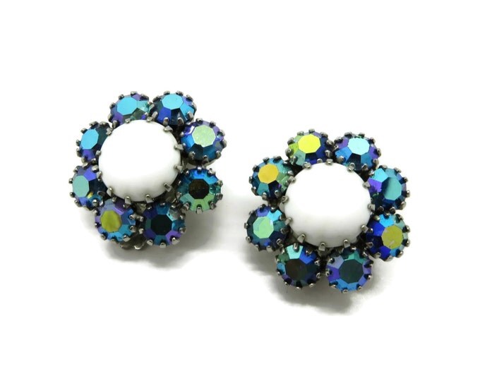 Weiss Milk Glass Earrings, Vintage AB Rhinestone Flower Clip-on Earrings