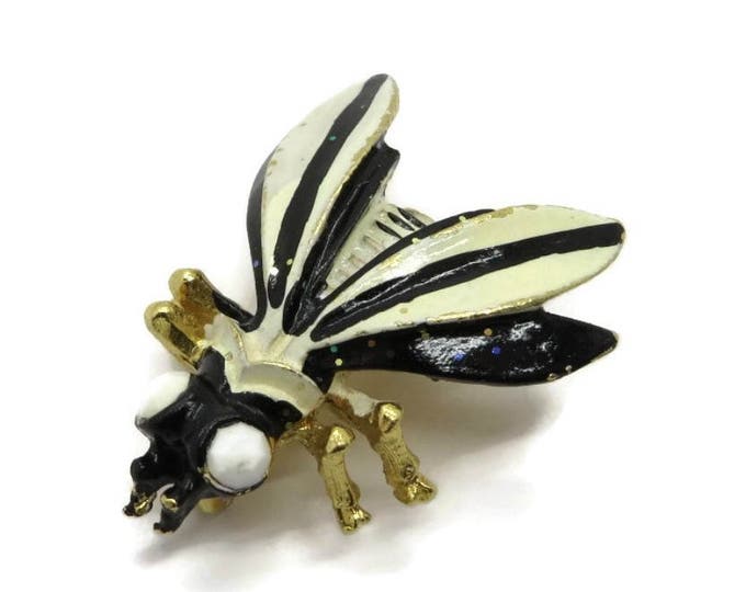 Weiss Bee Brooch, Vintge Black and Cream Enamel Bee Pin, Gold Tone Wasp Brooch