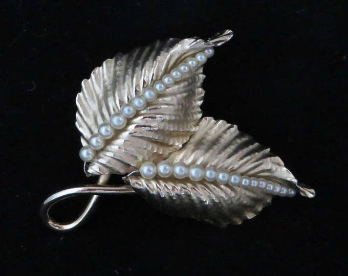 Napier Leaf Brooch, Vintage Faux Pearl Double Leaf Gold Tone Brooch, Signed Napier Jewelry Gift for Her, Gift Box
