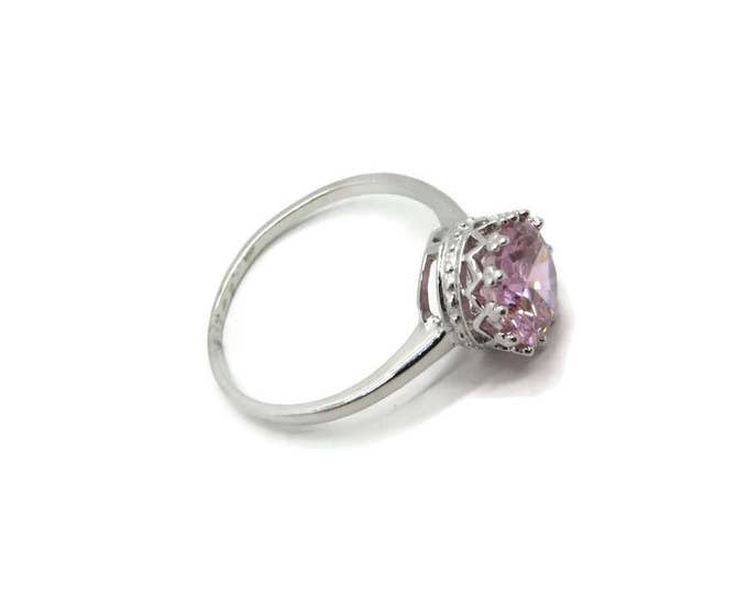 Pink Topaz Engagement Ring, Vintage Sterling Silver Solitaire Ring, Size 8