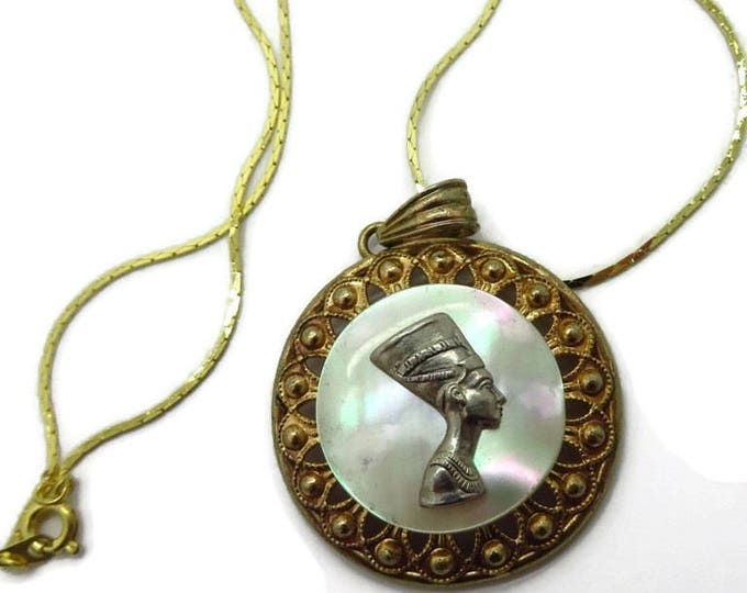 Mother of Pearl Pendant - Egyptian Queen Pendant Necklace Vintage Nefertiti Pendant, Cobra Chain Necklace, Gift idea, Gift Boxed