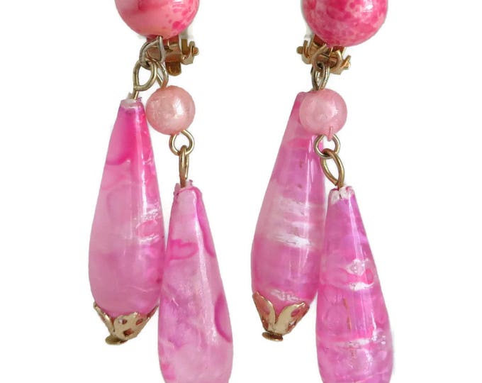 Pink Hong Kong Dangling Earrings, Vintage Teardrop Clip-ons Costume Jewelry Gift Idea