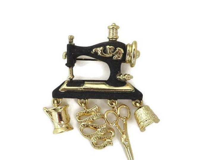 ON SALE! Vintage Sewing Machine Brooch, Dangling Charms Sewing Pin