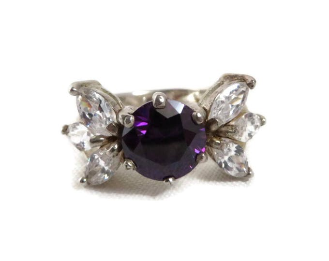 Amethyst Sterling Silver Ring, Vintage Amethyst, CZ Cocktail Ring Runway Costume Jewelry Gift Idea Size 6