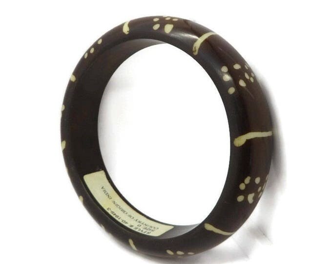 India Brown Bangle, Vintage Brown Cream Striped Dotted Costume Jewelry Bracelet
