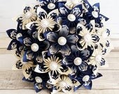 Paper Flower wedding bouquet Kududama origami ivory white paper lace midnight navy blue theme bridal pearl diamante brooch buttons jute